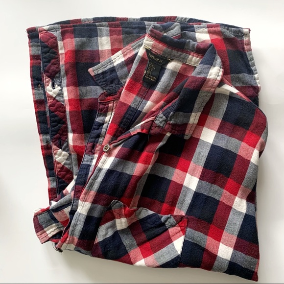 •FOREVER 21• Plaid 3/4 Sleeve Shirt Size L - Picture 6 of 9